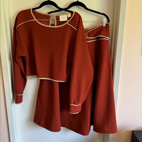 Maeve by Anthropologie Skirt Set 12 Rust Orange Beige Trim Midi Long Sleeve - Picture 1 of 12